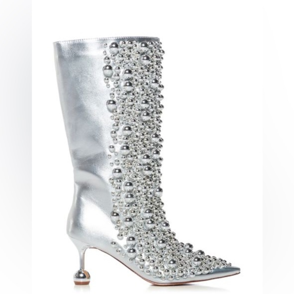 AZALEA WANG Metallic Silver Ball Vegan Leather High Heel Boots